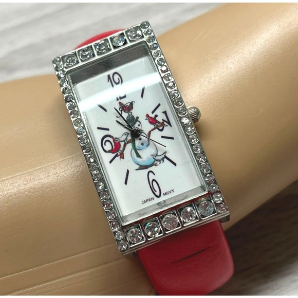 JB Womens Cuff Watch Bracelet Christmas Snowman with Birds Rhinestones - Picture 10 of 11